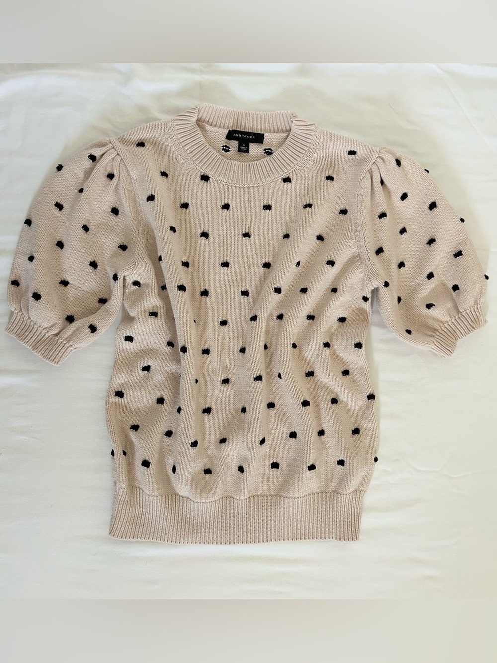 Ann Taylor Cream Knit Puff-Sleeve Sweater with Black Dot Accents